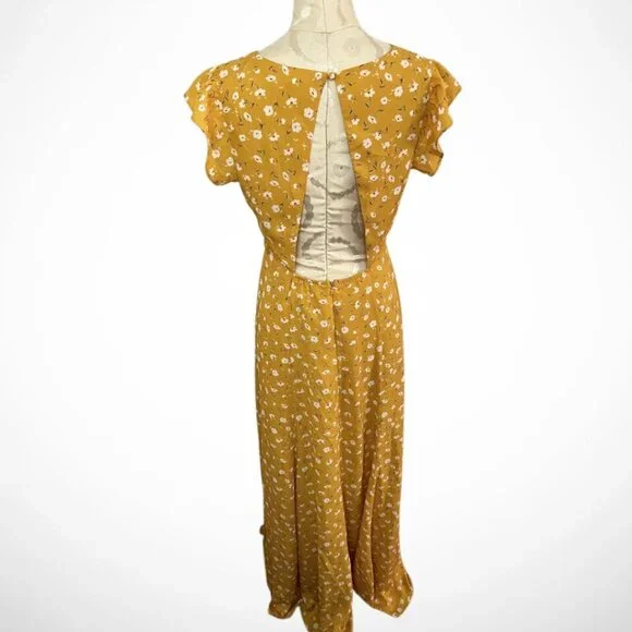 Lulus Women Size M Mustard Yellow Floral Print Backless Maxi Dress Slit - Picture 6 of 6